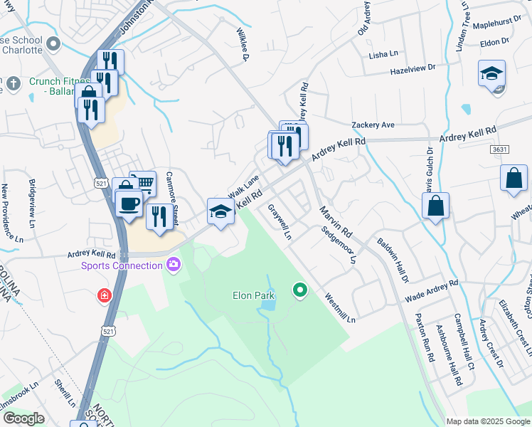 map of restaurants, bars, coffee shops, grocery stores, and more near 16513 Kettlewell Lane in Charlotte