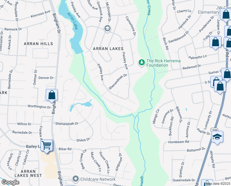 map of restaurants, bars, coffee shops, grocery stores, and more near 5606 Thornwald Court in Fayetteville