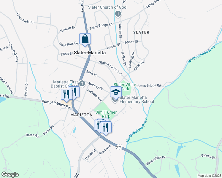 map of restaurants, bars, coffee shops, grocery stores, and more near 100 Baker Circle in Slater-Marietta