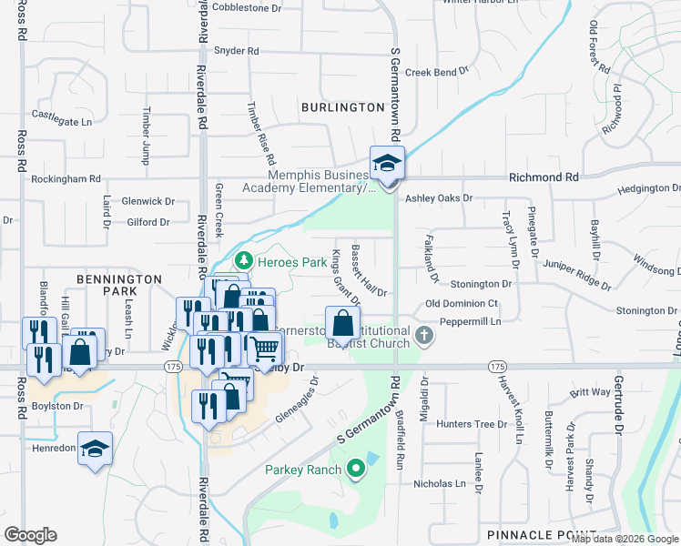 map of restaurants, bars, coffee shops, grocery stores, and more near 4574 Kings Grant Drive in Memphis