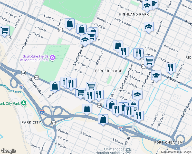 map of restaurants, bars, coffee shops, grocery stores, and more near 1600 East 20th Street in Chattanooga