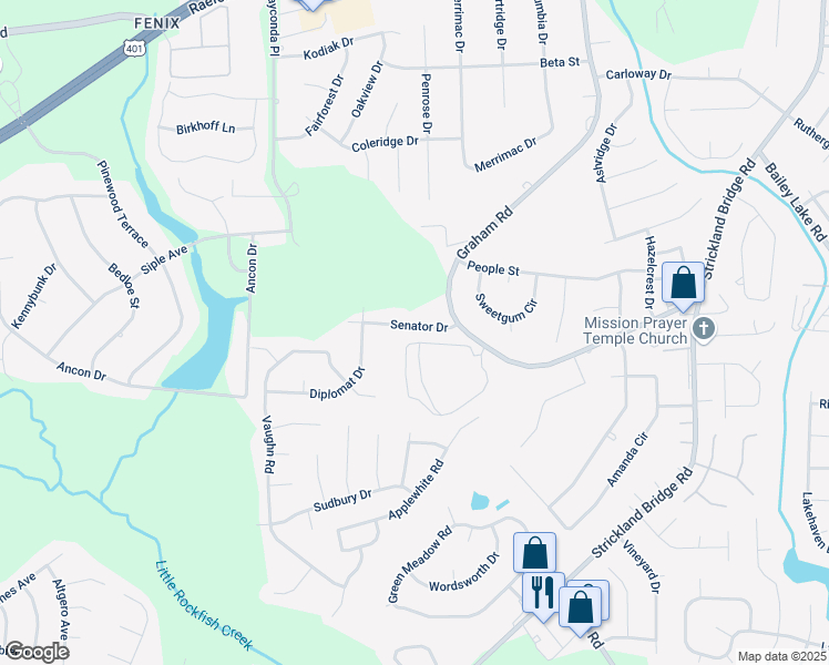 map of restaurants, bars, coffee shops, grocery stores, and more near 6513 Senator Drive in Fayetteville