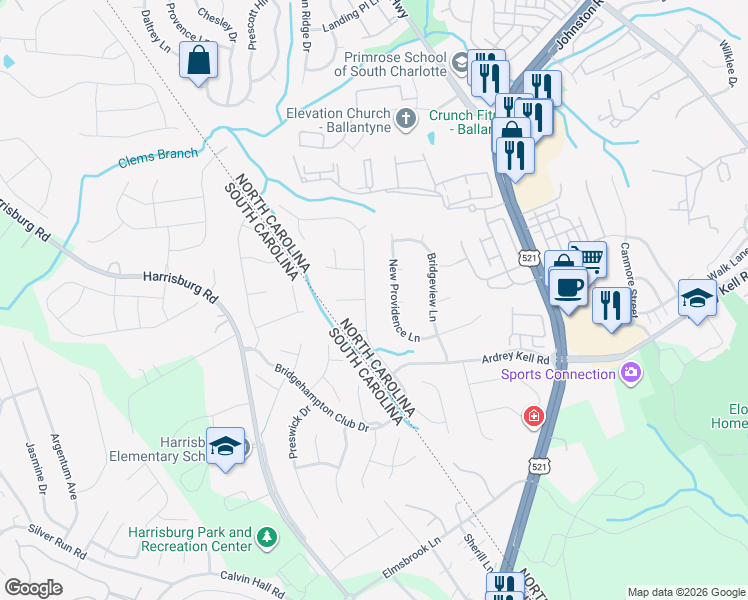 map of restaurants, bars, coffee shops, grocery stores, and more near 16519 Bridgehampton Club Drive in Charlotte