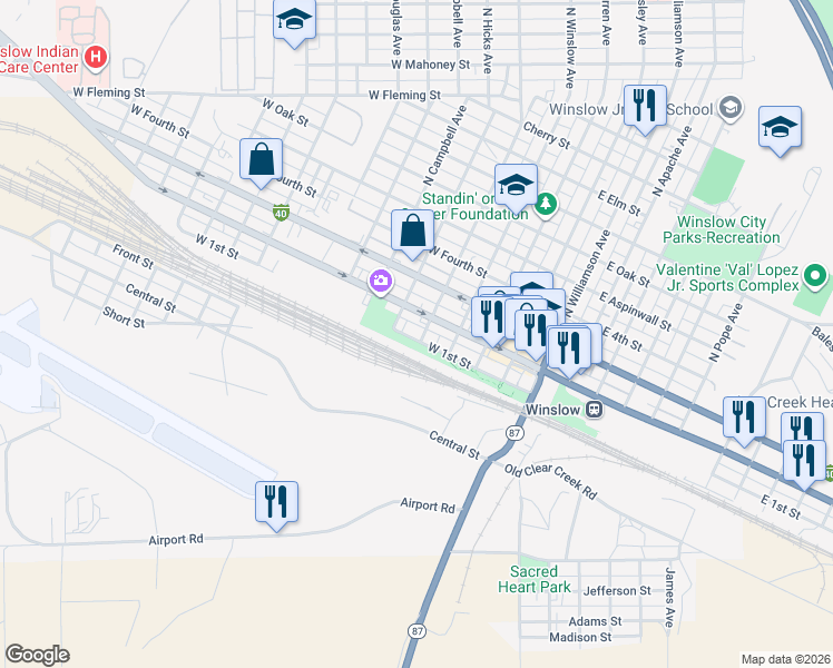 map of restaurants, bars, coffee shops, grocery stores, and more near 400 West 1st Street in Winslow