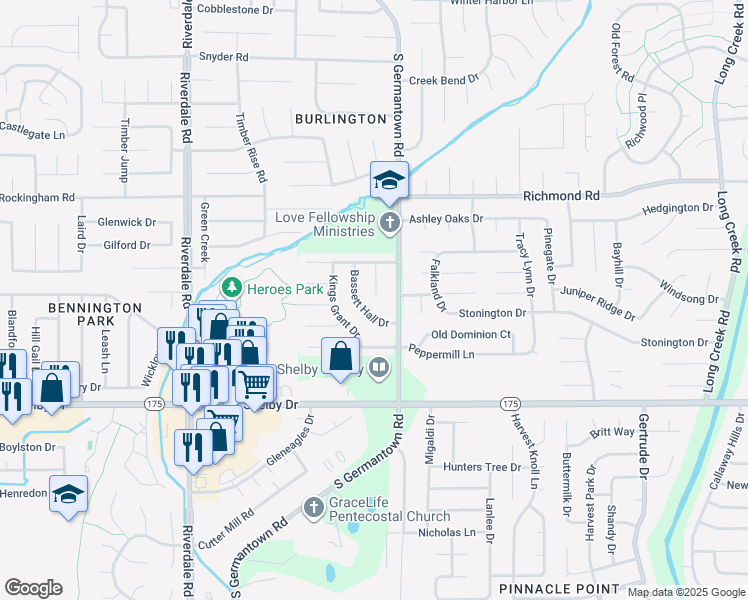 map of restaurants, bars, coffee shops, grocery stores, and more near 4586 Bassett Hall Drive in Memphis