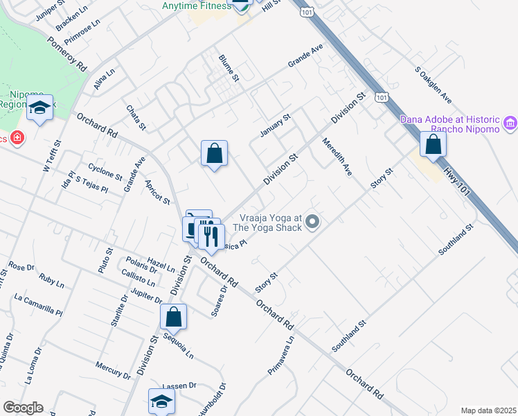 map of restaurants, bars, coffee shops, grocery stores, and more near 522 Higos Way in Nipomo