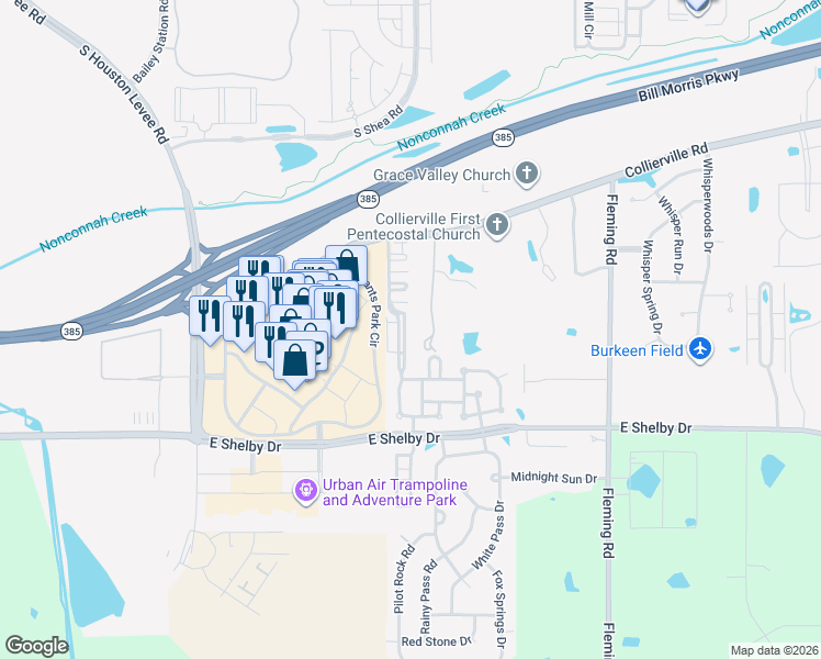 map of restaurants, bars, coffee shops, grocery stores, and more near 4587 Park Ridge Parkway in Collierville