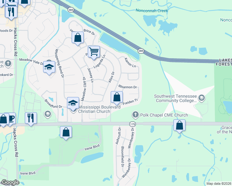 map of restaurants, bars, coffee shops, grocery stores, and more near 8640 Meadow Vale Drive in Memphis