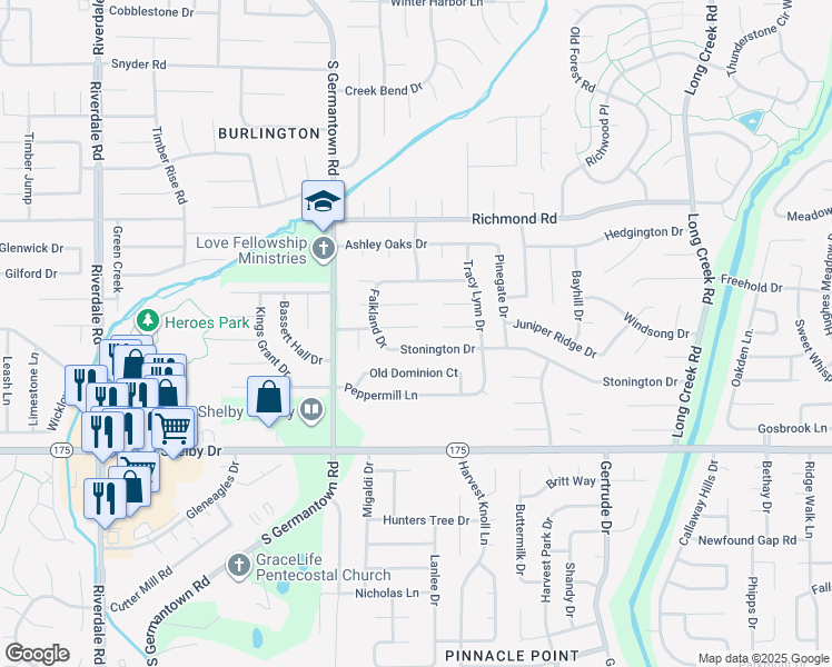 map of restaurants, bars, coffee shops, grocery stores, and more near 7343 Stonington Drive in Memphis