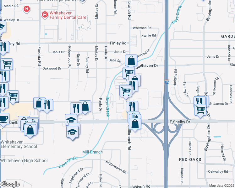 map of restaurants, bars, coffee shops, grocery stores, and more near 4461 Millbranch Road in Memphis