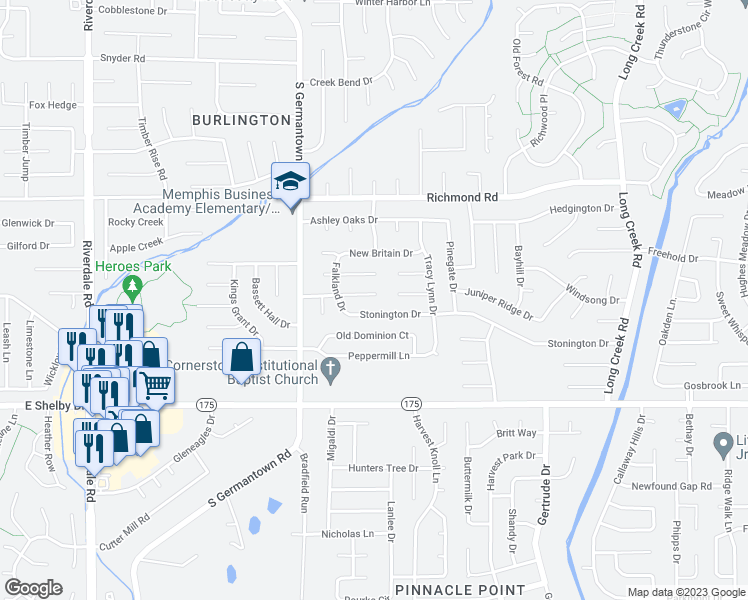 map of restaurants, bars, coffee shops, grocery stores, and more near 7319 English Cove in Memphis