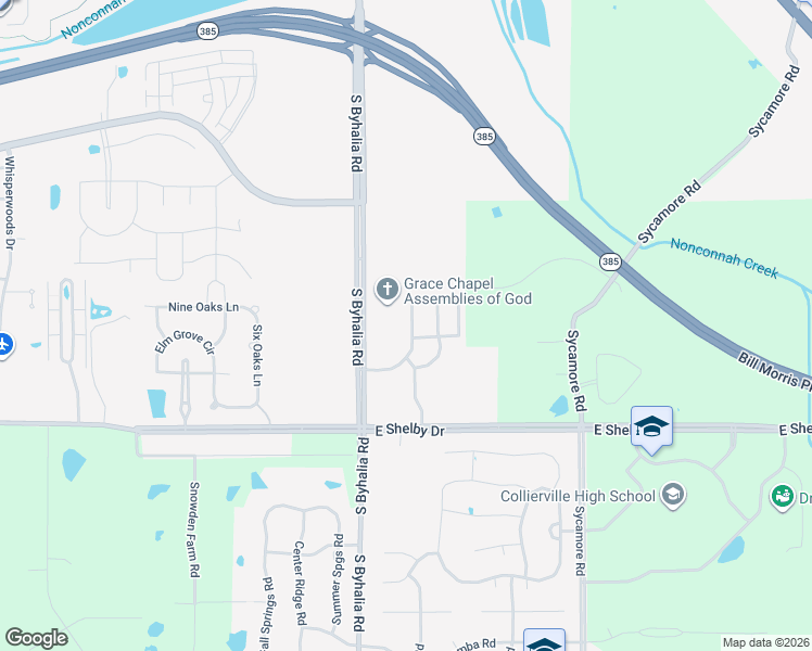 map of restaurants, bars, coffee shops, grocery stores, and more near 761 Southern Home Road in Collierville