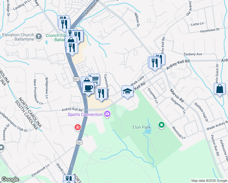 map of restaurants, bars, coffee shops, grocery stores, and more near 16813 Dunaverty Place in Charlotte