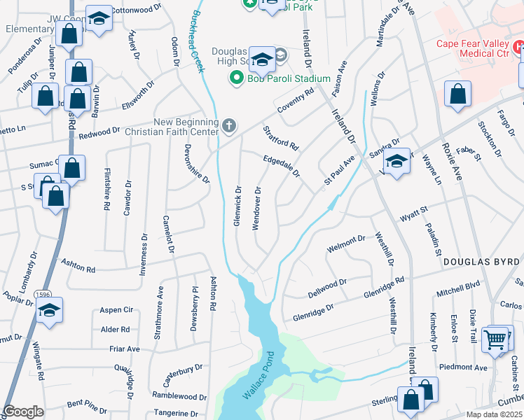 map of restaurants, bars, coffee shops, grocery stores, and more near 1903 Wendover Drive in Fayetteville