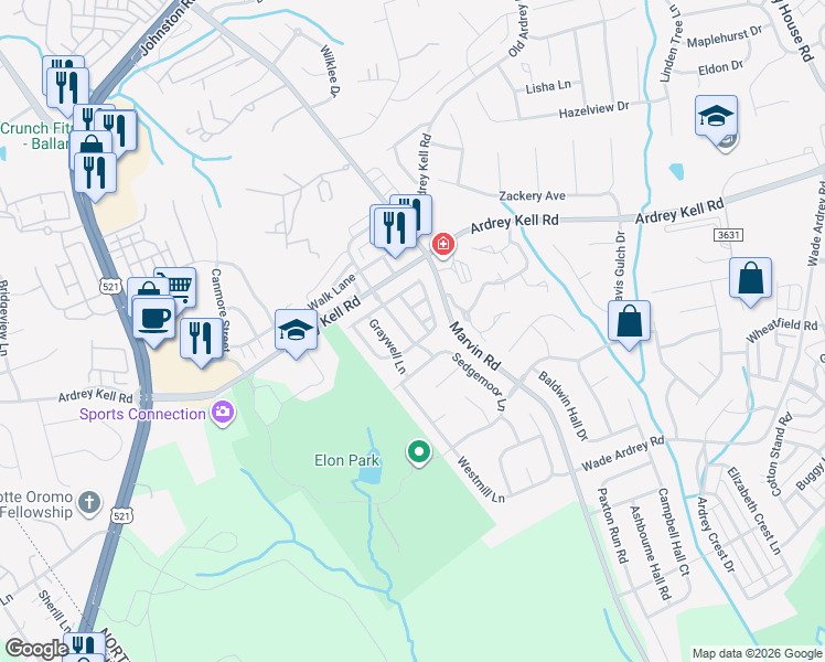 map of restaurants, bars, coffee shops, grocery stores, and more near 11118 Sedgemoor Lane in Charlotte