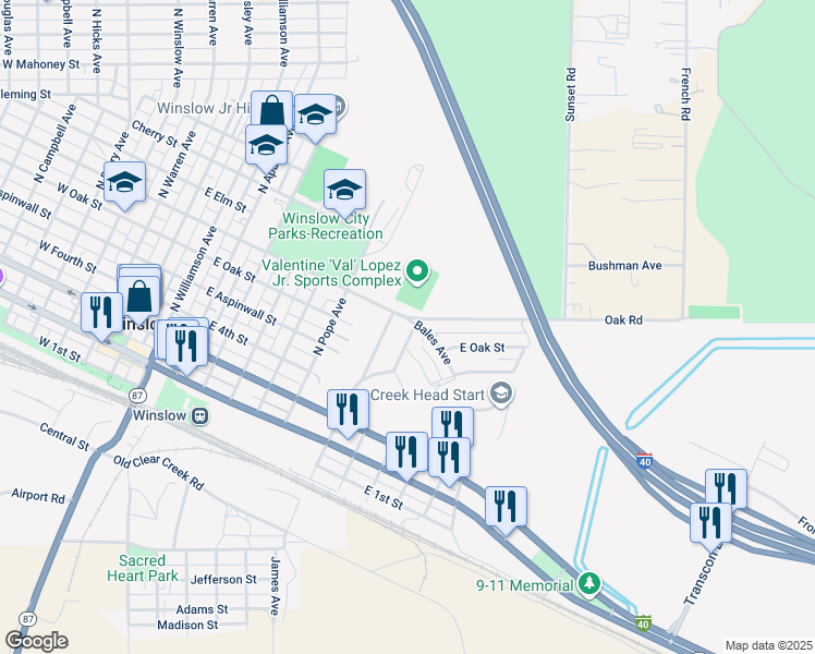 map of restaurants, bars, coffee shops, grocery stores, and more near 613 North Taylor Avenue in Winslow