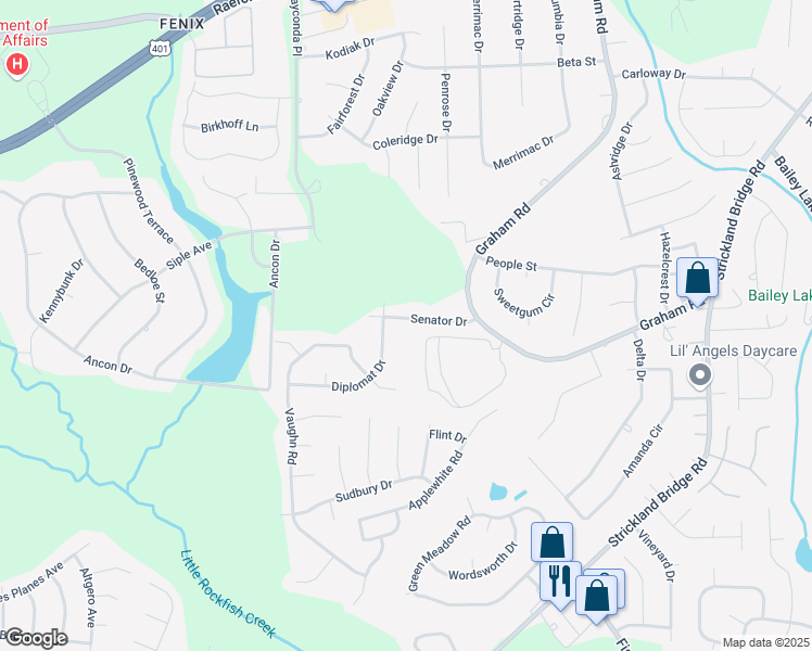 map of restaurants, bars, coffee shops, grocery stores, and more near 6525 Senator Drive in Fayetteville