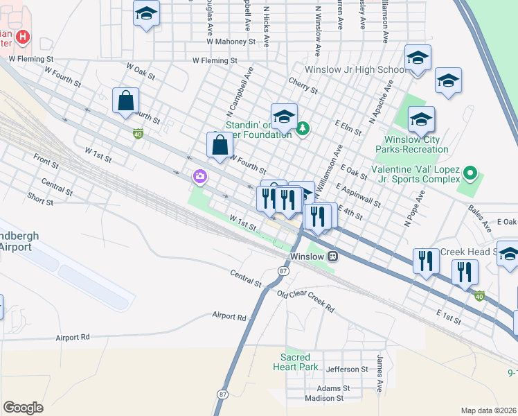 map of restaurants, bars, coffee shops, grocery stores, and more near 210 West 2nd Street in Winslow