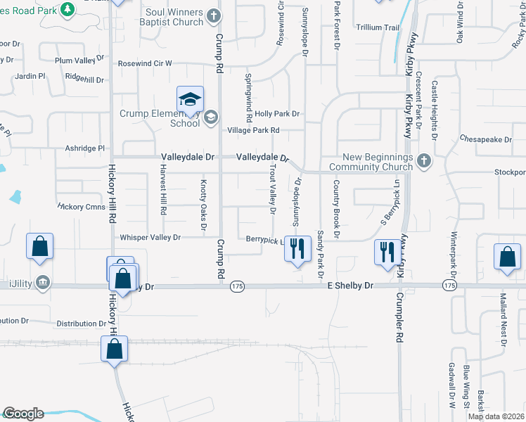 map of restaurants, bars, coffee shops, grocery stores, and more near 6173 Blue Willow Cove in Memphis
