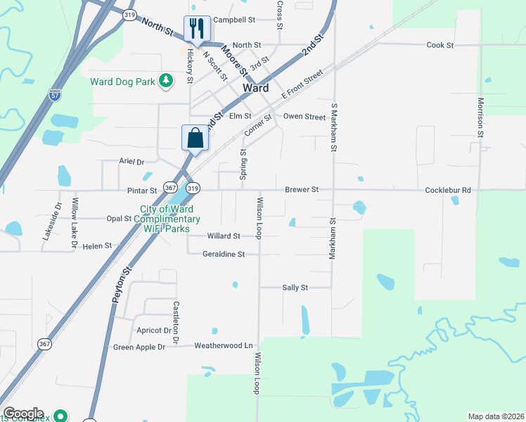 map of restaurants, bars, coffee shops, grocery stores, and more near 110 County Road 163 in Ward