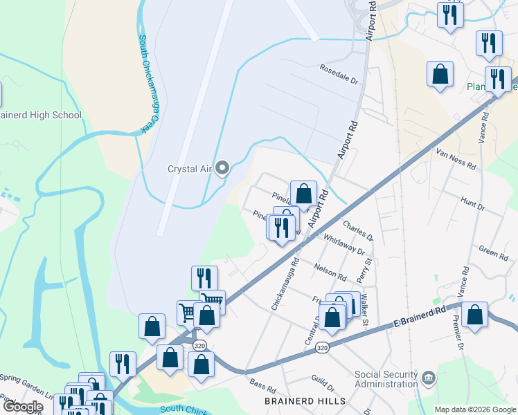map of restaurants, bars, coffee shops, grocery stores, and more near 5910 Pinegrove Trail in Chattanooga
