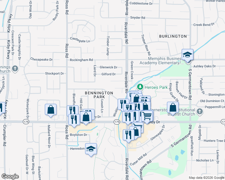 map of restaurants, bars, coffee shops, grocery stores, and more near 6891 Rockbrook Drive in Memphis