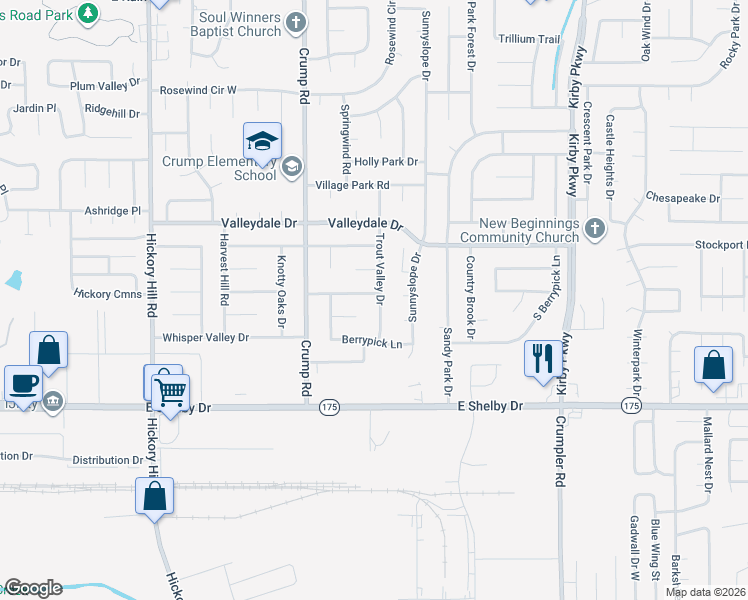 map of restaurants, bars, coffee shops, grocery stores, and more near 6173 Blue Willow Cove in Memphis
