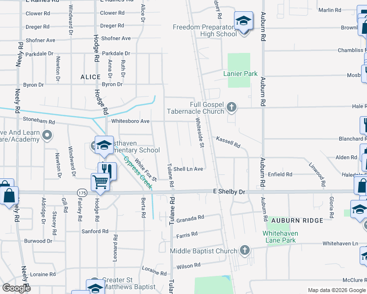 map of restaurants, bars, coffee shops, grocery stores, and more near 4594 Shell Lane Cove in Memphis