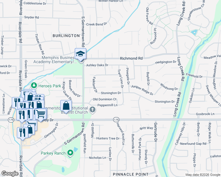 map of restaurants, bars, coffee shops, grocery stores, and more near 7343 Stonington Drive in Memphis