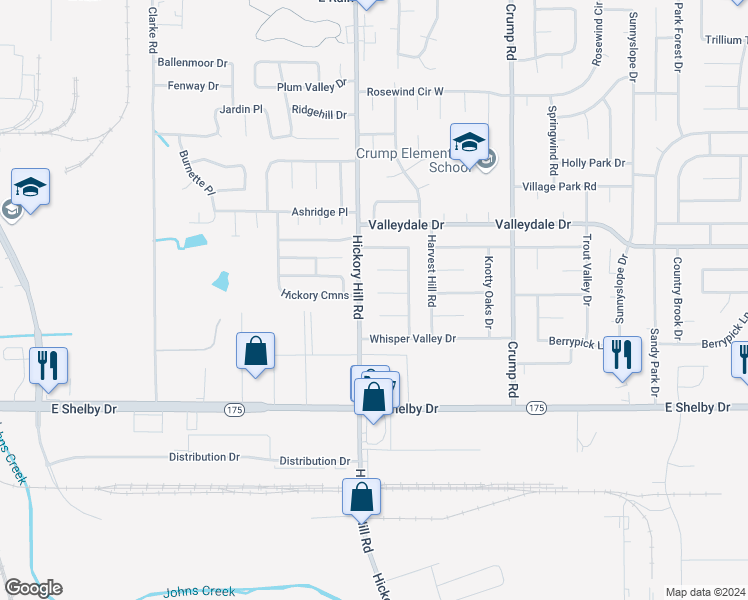 map of restaurants, bars, coffee shops, grocery stores, and more near 5937 Hickory Branch Cove in Memphis