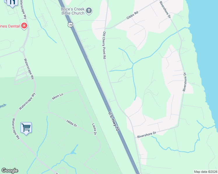 map of restaurants, bars, coffee shops, grocery stores, and more near 4417 Old Cherry Point Road in New Bern