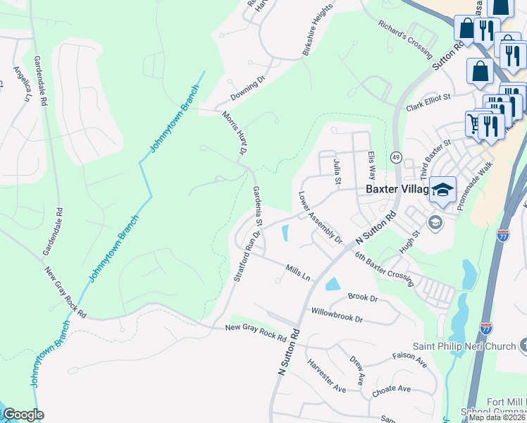 map of restaurants, bars, coffee shops, grocery stores, and more near 750 Stratford Run Drive in Fort Mill