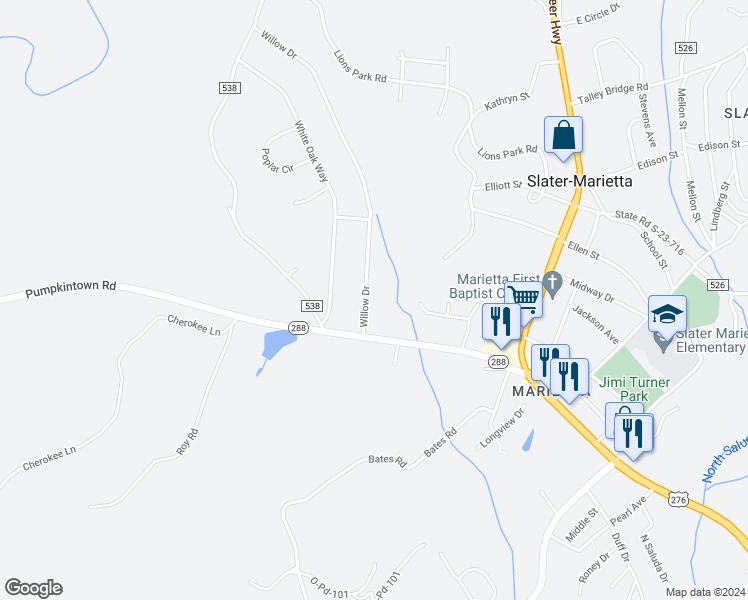 map of restaurants, bars, coffee shops, grocery stores, and more near 208 Willow Drive in Slater-Marietta