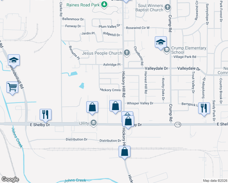 map of restaurants, bars, coffee shops, grocery stores, and more near 4605 Hickory Hill Road in Memphis