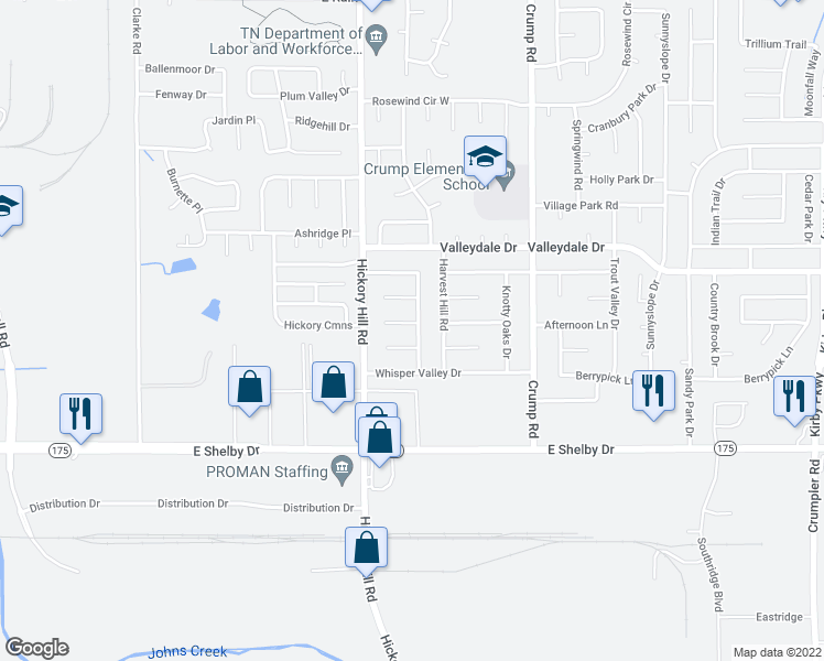 map of restaurants, bars, coffee shops, grocery stores, and more near 4555 Hickory Branch Drive in Memphis