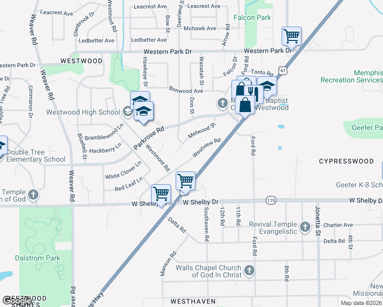 map of restaurants, bars, coffee shops, grocery stores, and more near 688 Westview Road in Memphis