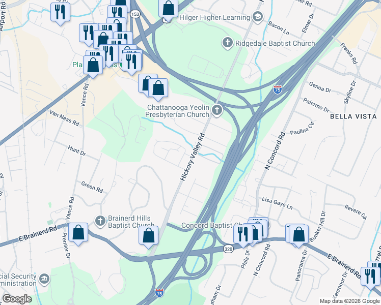 map of restaurants, bars, coffee shops, grocery stores, and more near 1517 Hickory Valley Road in Chattanooga