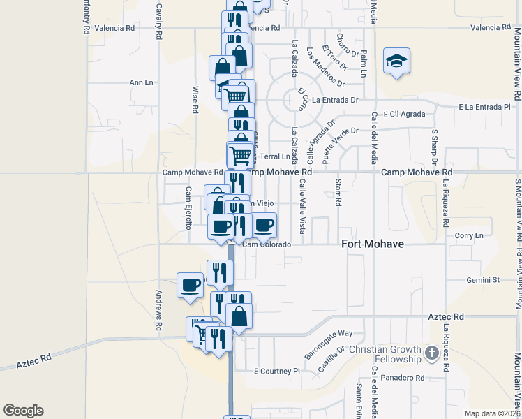 map of restaurants, bars, coffee shops, grocery stores, and more near 4584 Calle Ranchita in Fort Mohave