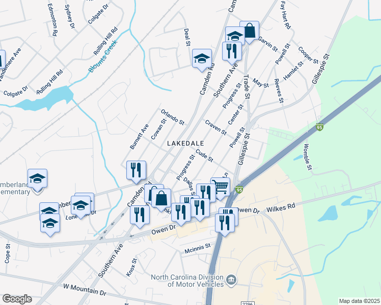map of restaurants, bars, coffee shops, grocery stores, and more near 2009 Progress Street in Fayetteville