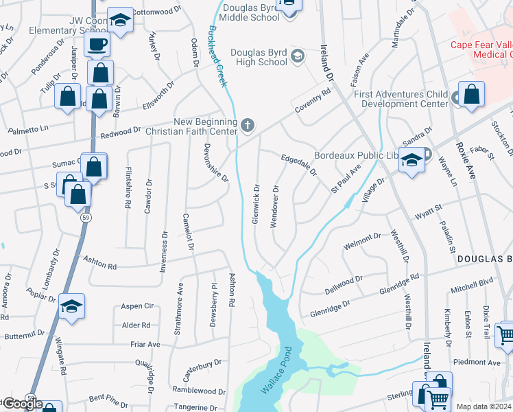 map of restaurants, bars, coffee shops, grocery stores, and more near 1918 Glenwick Drive in Fayetteville