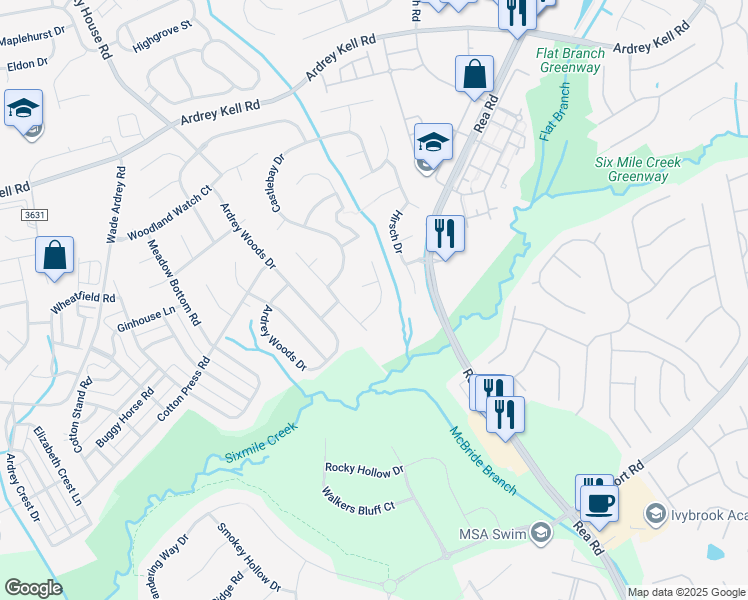 map of restaurants, bars, coffee shops, grocery stores, and more near 8425 Newton Lane in Charlotte
