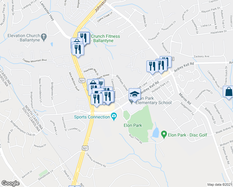 map of restaurants, bars, coffee shops, grocery stores, and more near 15631 Canmore Street in Charlotte