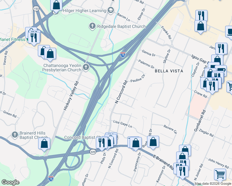 map of restaurants, bars, coffee shops, grocery stores, and more near 7001 Greenway Drive in Chattanooga