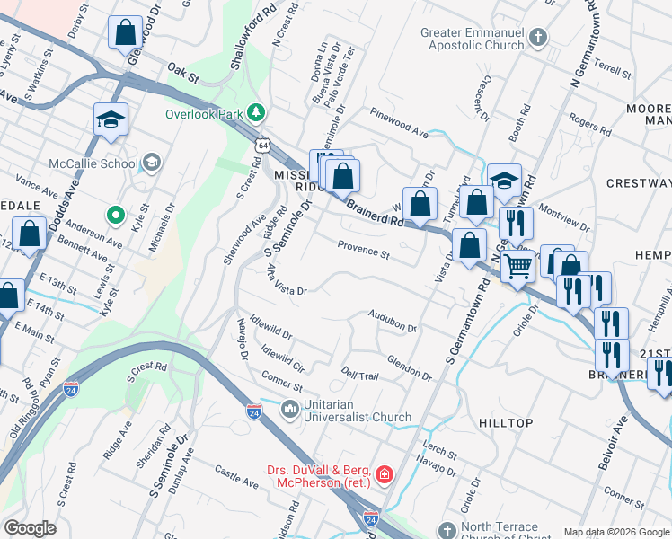map of restaurants, bars, coffee shops, grocery stores, and more near 3404 Alta Vista Drive in Chattanooga