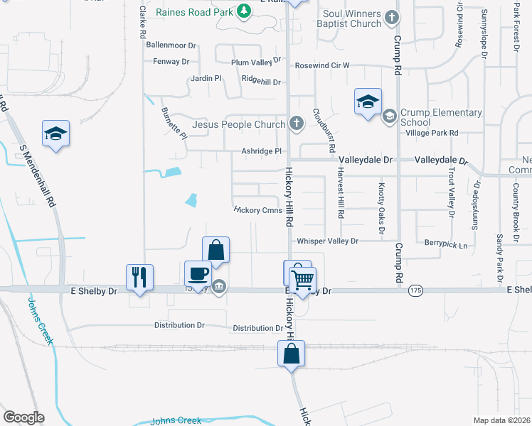 map of restaurants, bars, coffee shops, grocery stores, and more near 4605 Hickory Hill Road in Memphis