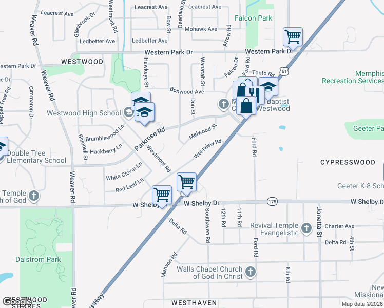 map of restaurants, bars, coffee shops, grocery stores, and more near 688 Westview Road in Memphis