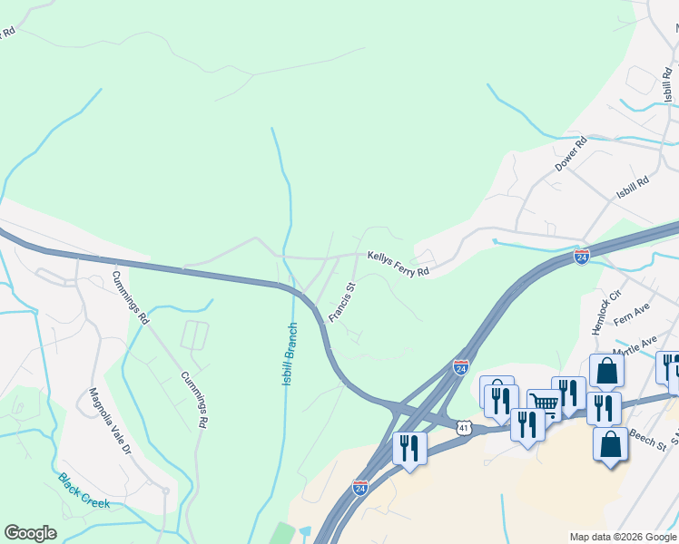 map of restaurants, bars, coffee shops, grocery stores, and more near 10 West End Avenue in Chattanooga