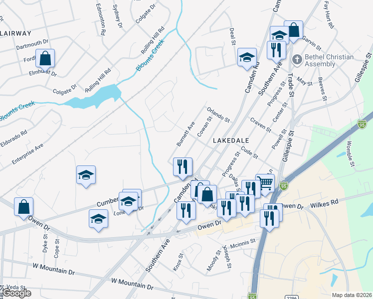 map of restaurants, bars, coffee shops, grocery stores, and more near 2113-2117 Cowan Street in Fayetteville