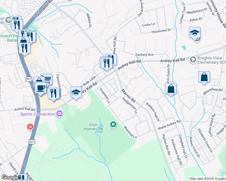 map of restaurants, bars, coffee shops, grocery stores, and more near 11118 Sedgemoor Lane in Charlotte