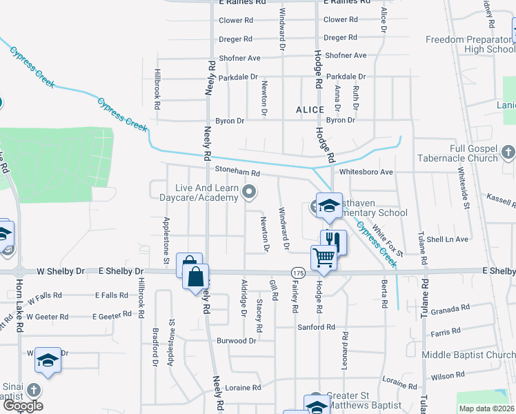 map of restaurants, bars, coffee shops, grocery stores, and more near 4578 Aldridge Drive in Memphis
